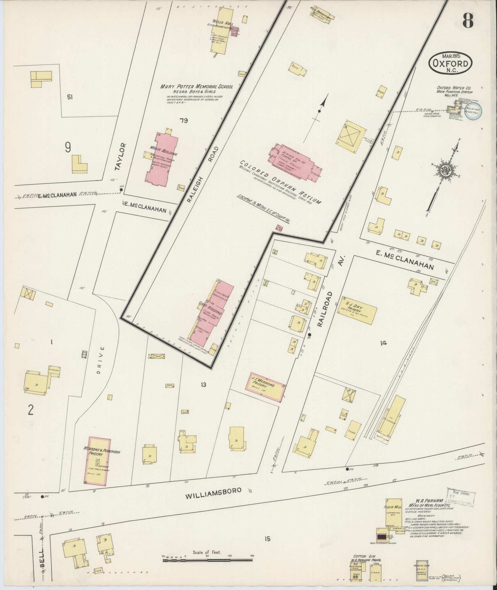 Sanborn Fire Insurance Map from Oxford, Granville County, North Carolina (1915), Sheet #0008 - Complete Map Set gallery image, historic Sanborn map, vintage wall art, North Carolina North Carolina