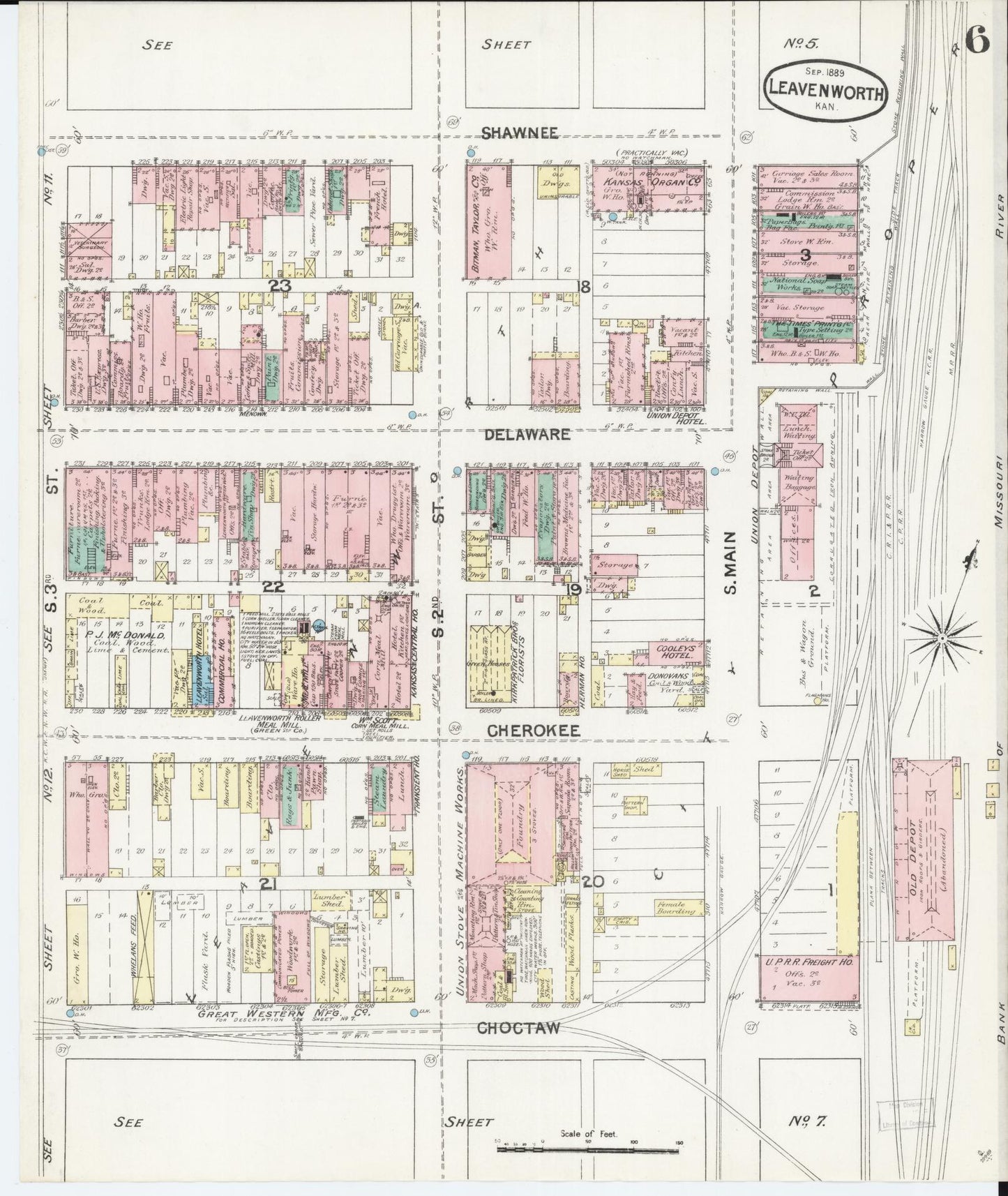 Sanborn Fire Insurance Map from Leavenworth, Leavenworth County, Kansas (1889), Sheet #0007 - Complete Map Set gallery image, historic Sanborn map, vintage wall art, Kansas Kansas