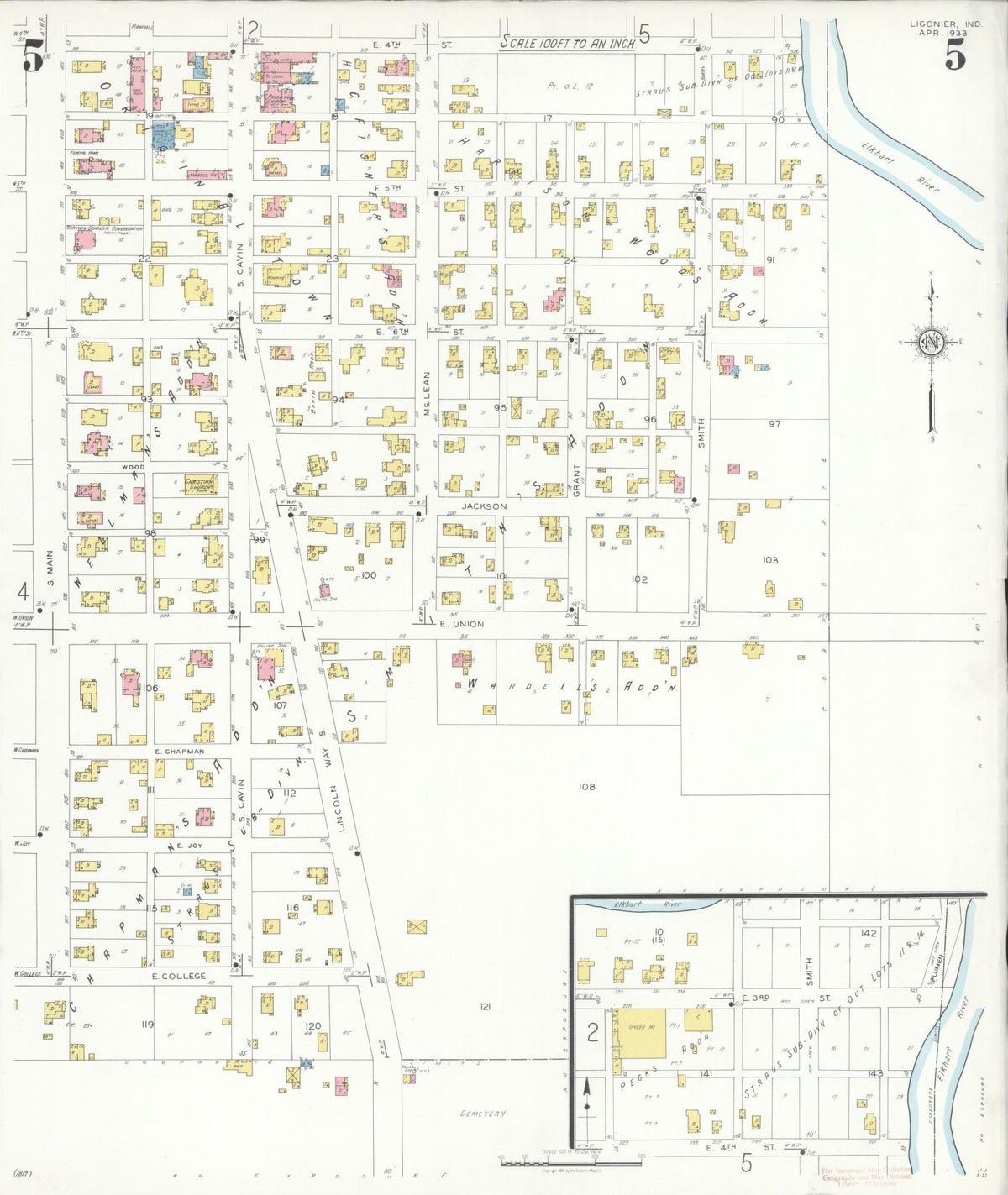 Sanborn Fire Insurance Map from Ligonier, Noble County, Indiana (1933), Sheet #0005 - Historic Sanborn Fire Insurance Map Print, vintage old map wall art, antique decor, genealogy gift, Indiana Indiana map