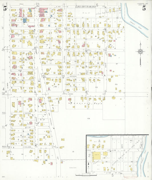 Sanborn Fire Insurance Map from Ligonier, Noble County, Indiana (1933), Sheet #0005 - Historic Sanborn Fire Insurance Map Print, vintage old map wall art, antique decor, genealogy gift, Indiana Indiana map