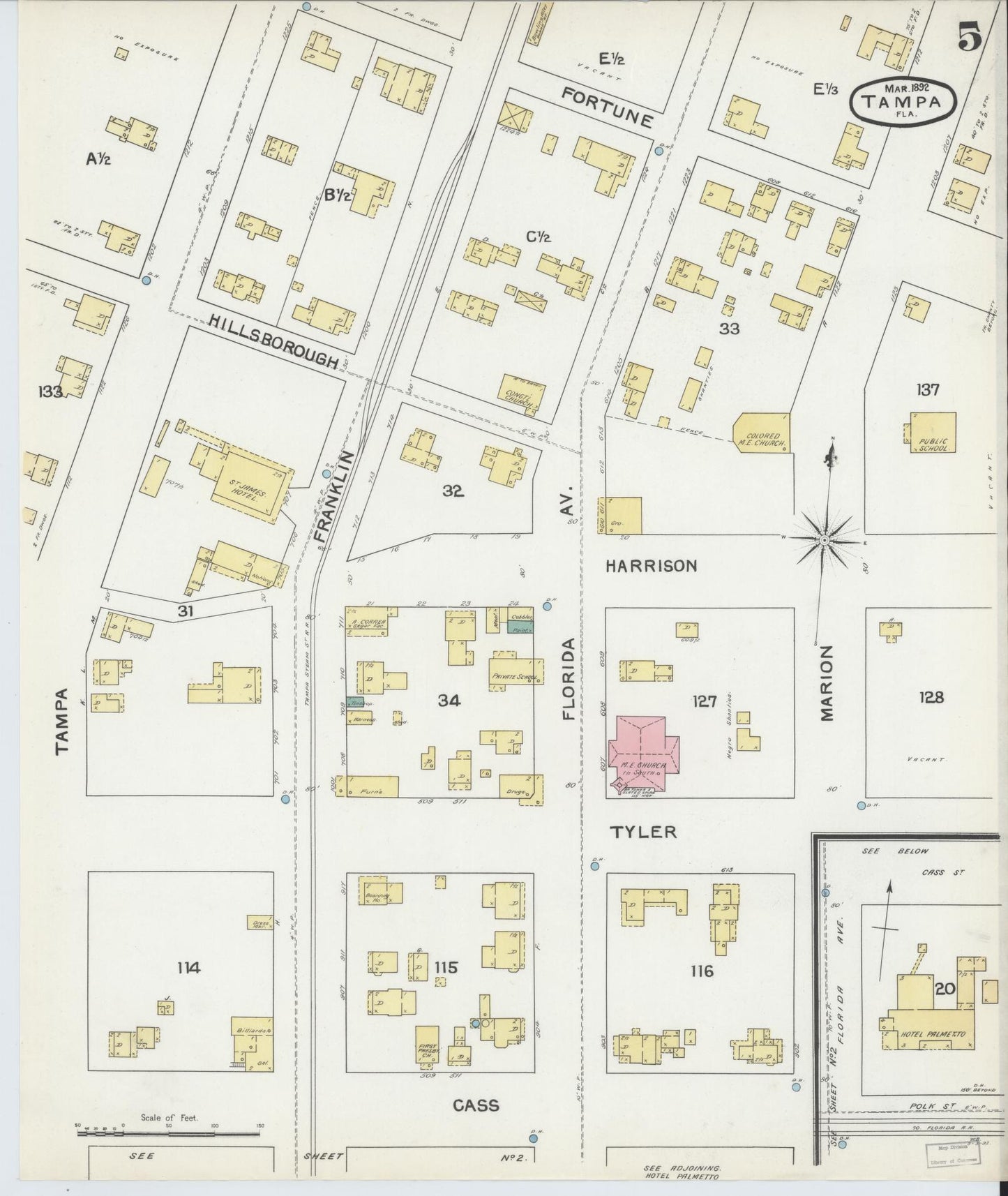 Sanborn Fire Insurance Map from Tampa, Hillsborough County, Florida (1892), Sheet #0005 - Complete Map Set gallery image, historic Sanborn map, vintage wall art, Florida Florida