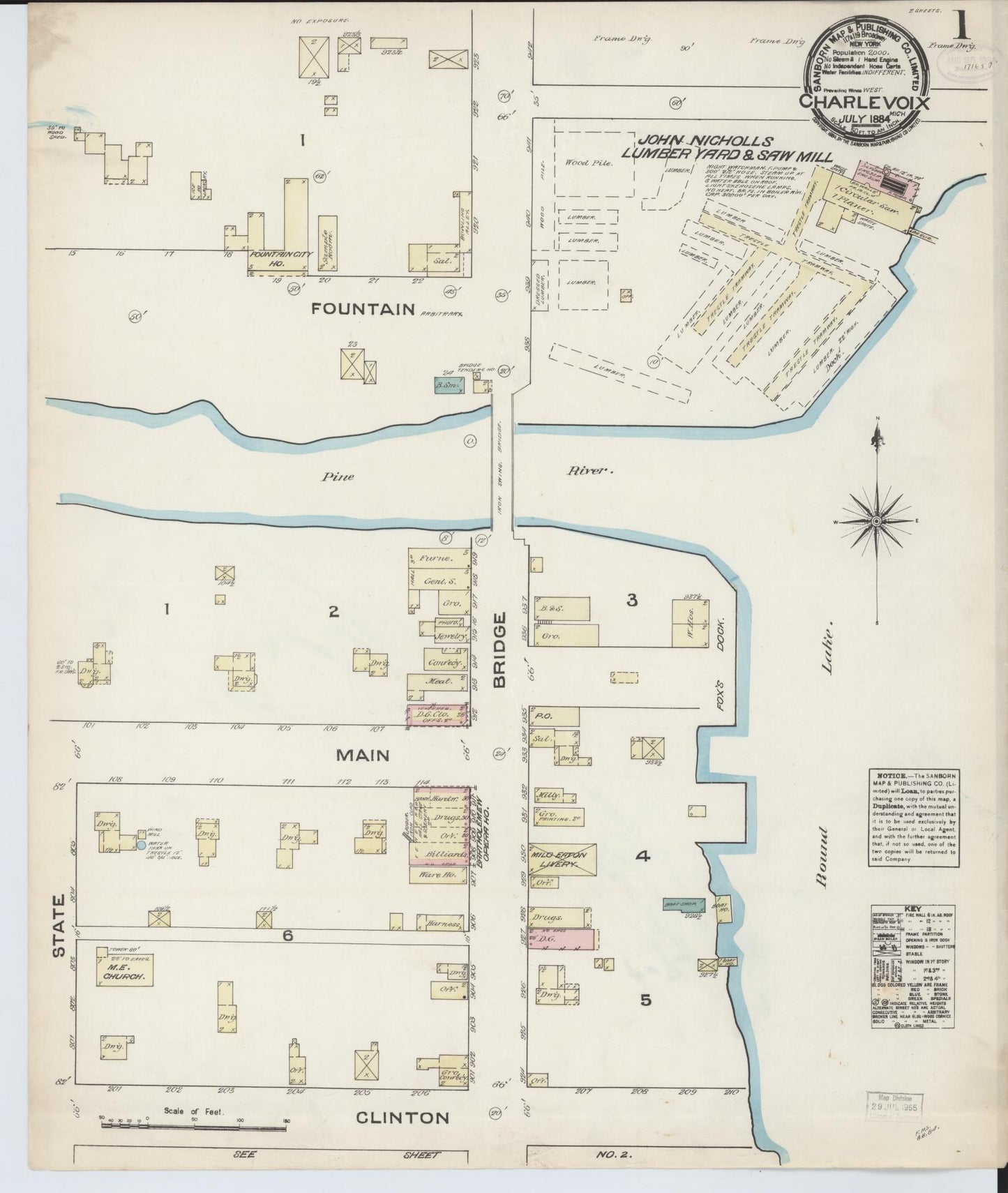 Sanborn Fire Insurance Map from Charlevoix, Charlevoix County, Michigan (1884), Sheet #0001 - Historic Sanborn Fire Insurance Map Print, vintage old map wall art, antique decor, genealogy gift, Michigan Michigan map