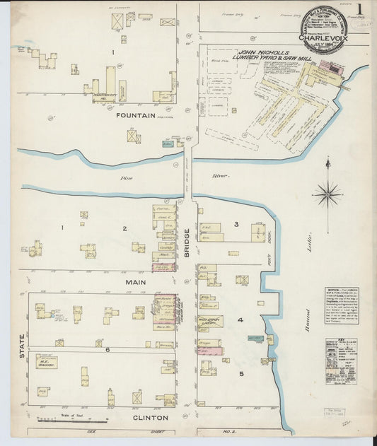 Sanborn Fire Insurance Map from Charlevoix, Charlevoix County, Michigan (1884), Sheet #0001 - Historic Sanborn Fire Insurance Map Print, vintage old map wall art, antique decor, genealogy gift, Michigan Michigan map