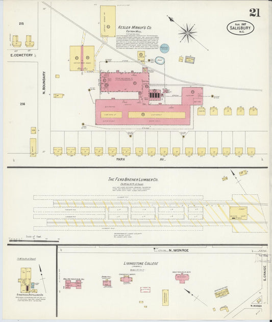 Sanborn Fire Insurance Map from Salisbury, Rowan County, North Carolina (1907), Sheet #0021 - Historic Sanborn Fire Insurance Map Print, vintage old map wall art, antique decor, genealogy gift, North Carolina North Carolina map