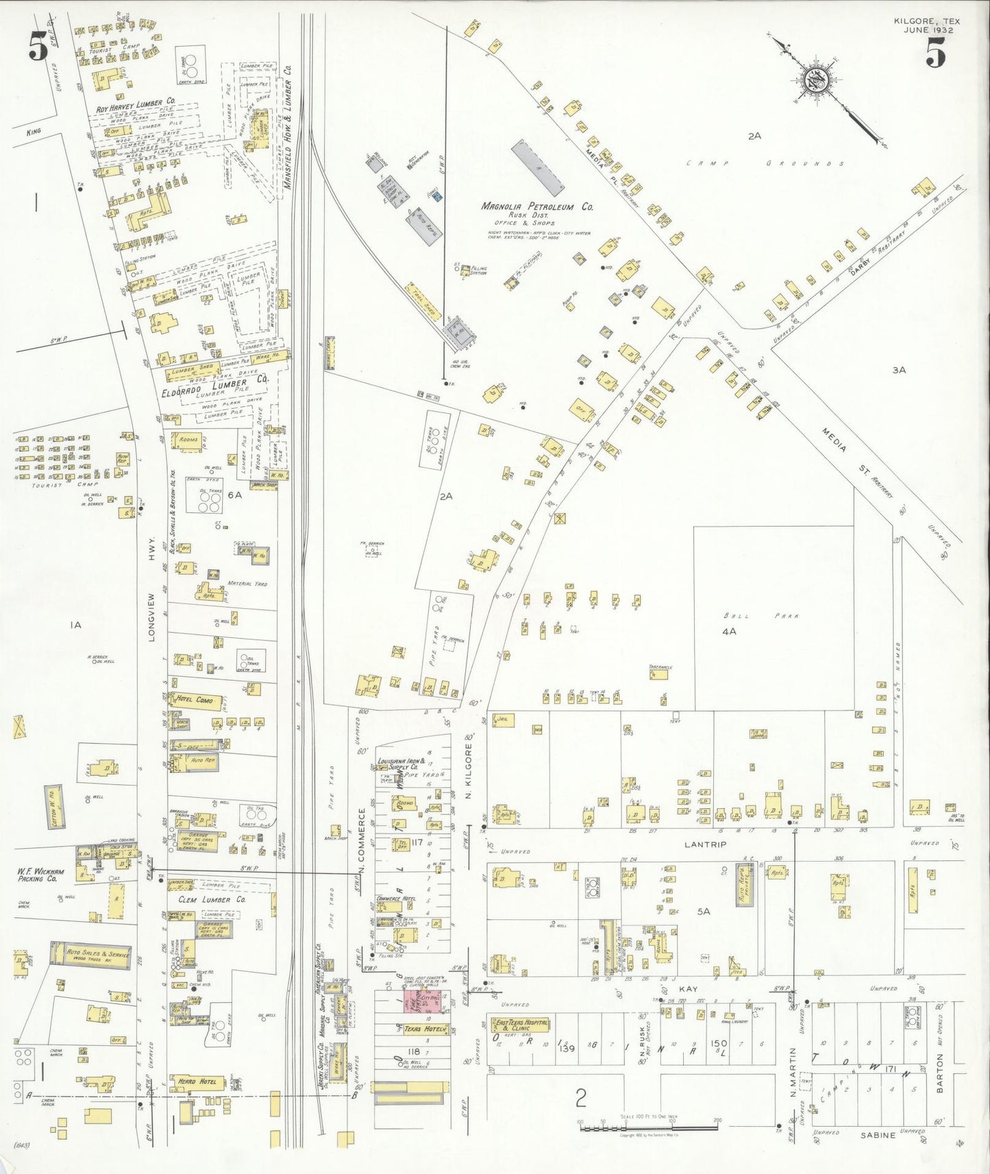 Sanborn Fire Insurance Map from Kilgore, Gregg County, Texas (1932), Sheet #0005 - Historic Sanborn Fire Insurance Map Print, vintage old map wall art, antique decor, genealogy gift, Texas Texas map