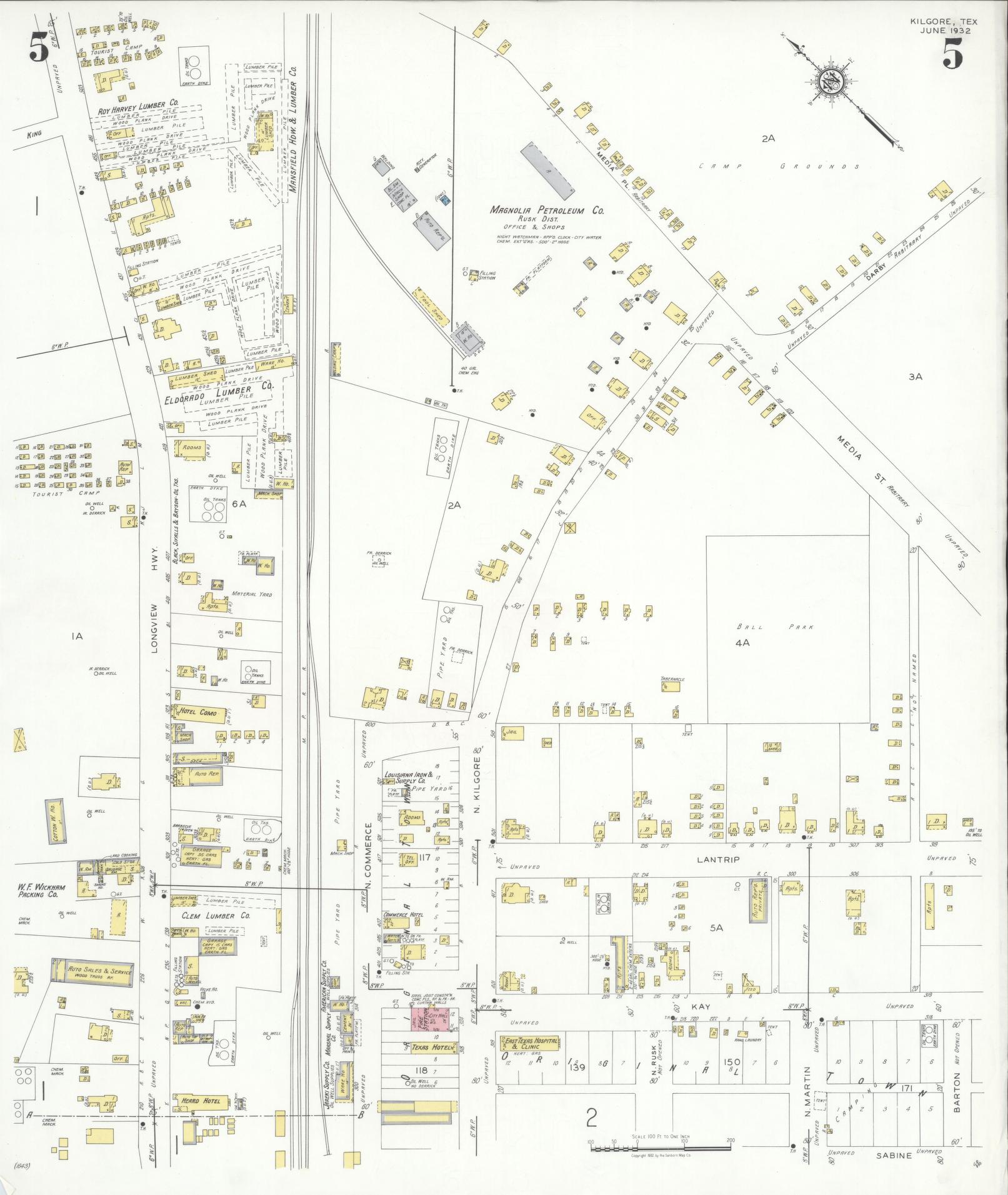 Sanborn Fire Insurance Map from Kilgore, Gregg County, Texas (1932), Sheet #0005 - Historic Sanborn Fire Insurance Map Print, vintage old map wall art, antique decor, genealogy gift, Texas Texas map