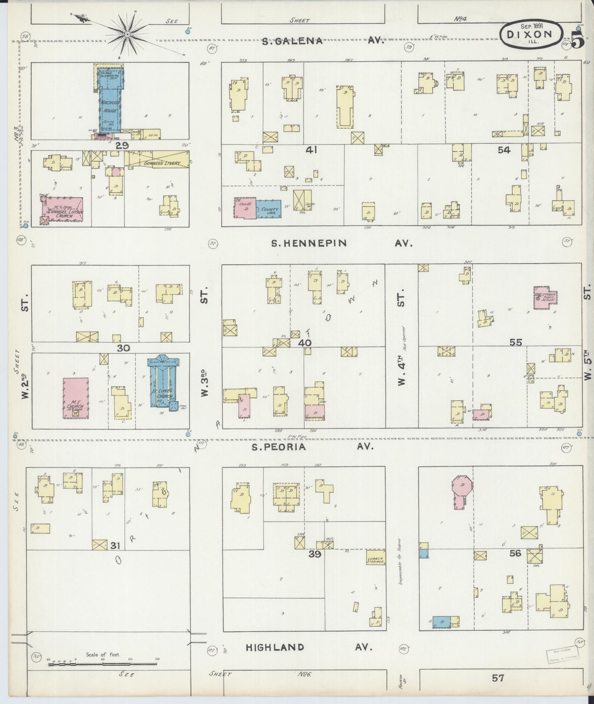 Sanborn Fire Insurance Map from Dixon, Lee County, Illinois (1891), Sheet #0005 - Complete Map Set gallery image, historic Sanborn map, vintage wall art, Illinois Illinois