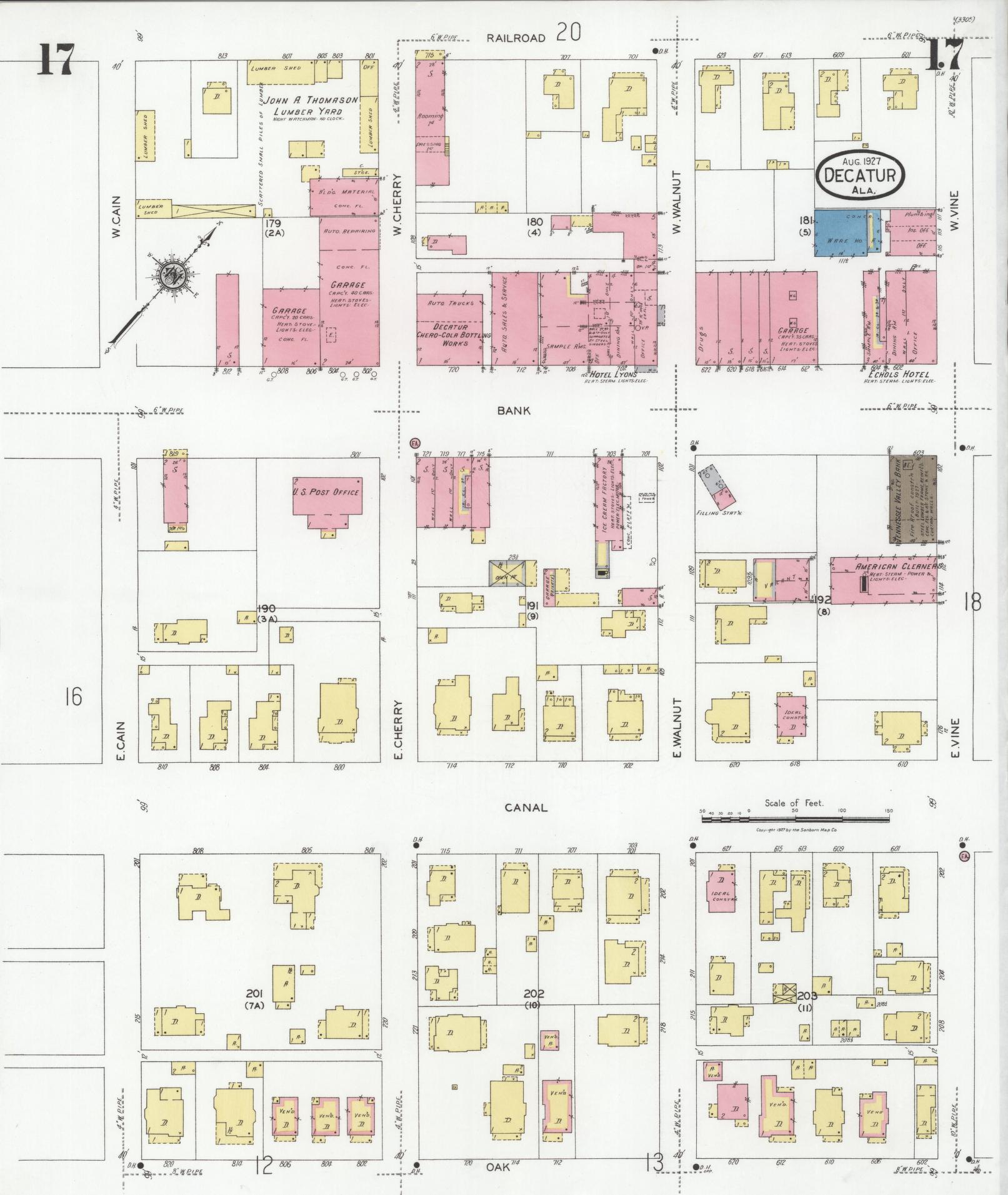 Sanborn Fire Insurance Map from Decatur, Morgan County, Alabama (1927), Sheet #0017 - Complete Map Set gallery image, historic Sanborn map, vintage wall art, Alabama Alabama