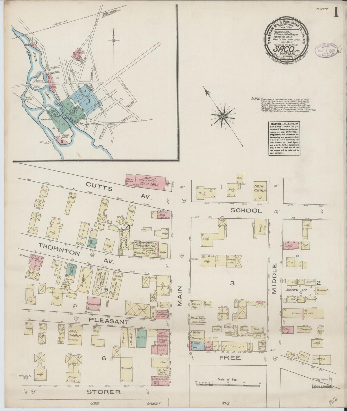 Sanborn Fire Insurance Map from Saco, York County, Maine (1885), Sheet #0001 - Complete Map Set gallery image, historic Sanborn map, vintage wall art, Maine Maine