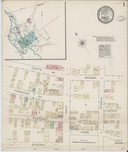 Sanborn Fire Insurance Map from Saco, York County, Maine (1885), Sheet #0001 - Complete Map Set gallery image, historic Sanborn map, vintage wall art, Maine Maine
