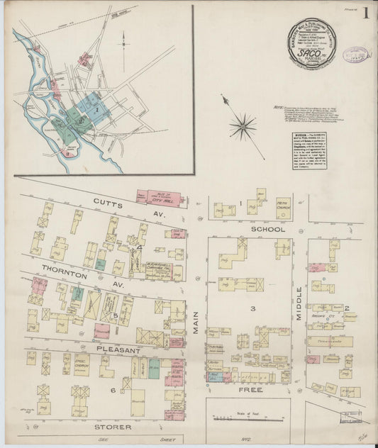 Sanborn Fire Insurance Map from Saco, York County, Maine (1885), Sheet #0001 - Complete Map Set gallery image, historic Sanborn map, vintage wall art, Maine Maine
