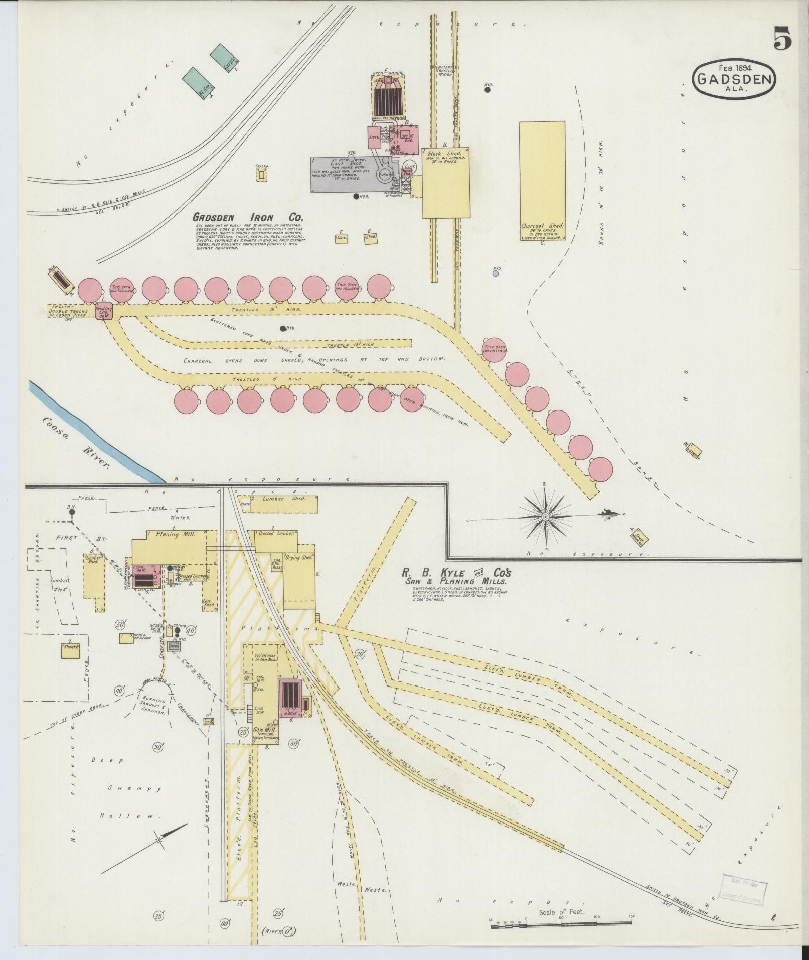 Sanborn Fire Insurance Map from Gadsden, Etowah County, Alabama (1894), Sheet #0005 - Historic Sanborn Fire Insurance Map Print, vintage old map wall art, antique decor, genealogy gift, Alabama Alabama map