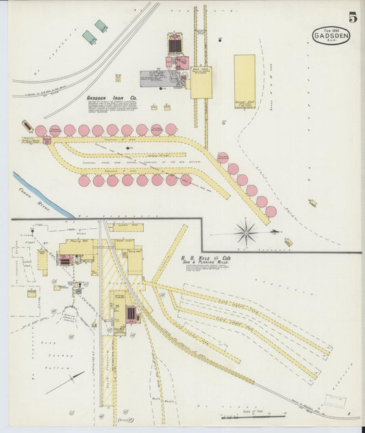 Sanborn Fire Insurance Map from Gadsden, Etowah County, Alabama (1894), Sheet #0005 - Historic Sanborn Fire Insurance Map Print, vintage old map wall art, antique decor, genealogy gift, Alabama Alabama map