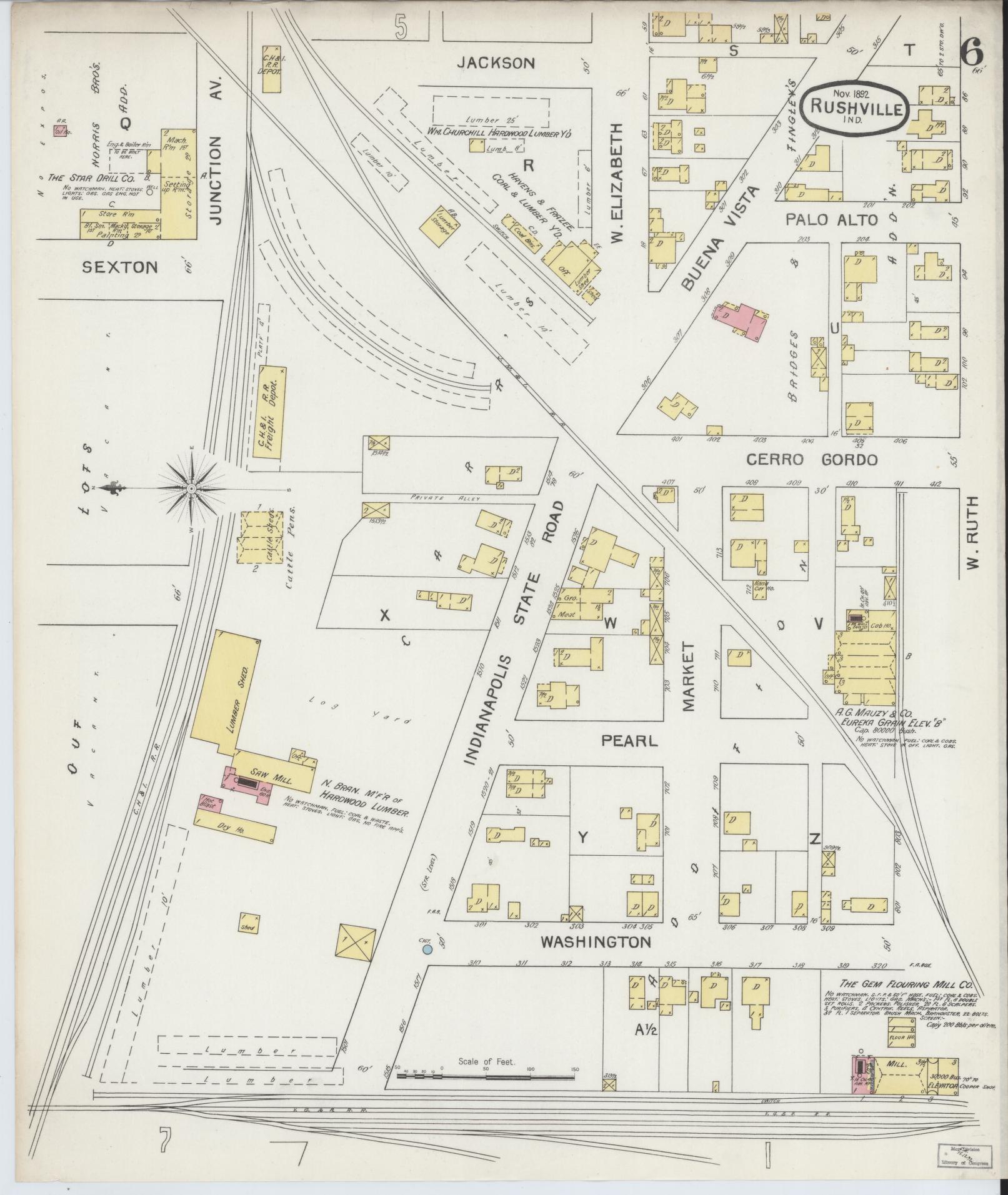 Sanborn Fire Insurance Map from Rushville, Rush County, Indiana (1892), Sheet #0006 - Historic Sanborn Fire Insurance Map Print, vintage old map wall art, antique decor, genealogy gift, Indiana Indiana map