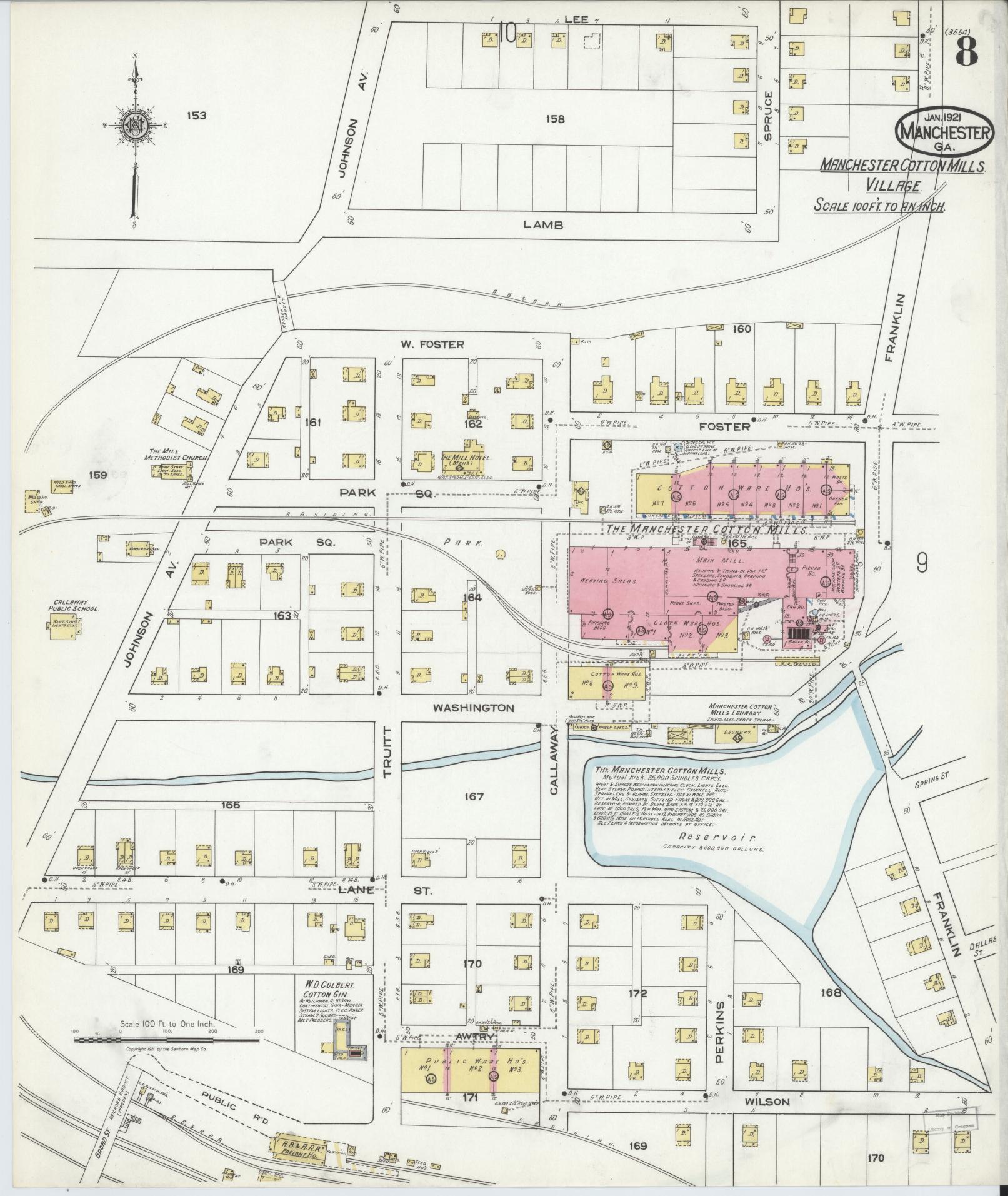 Sanborn Fire Insurance Map from Manchester, Meriweather County, Georgia (1921), Sheet #0008 - Complete Map Set gallery image, historic Sanborn map, vintage wall art, Georgia Georgia
