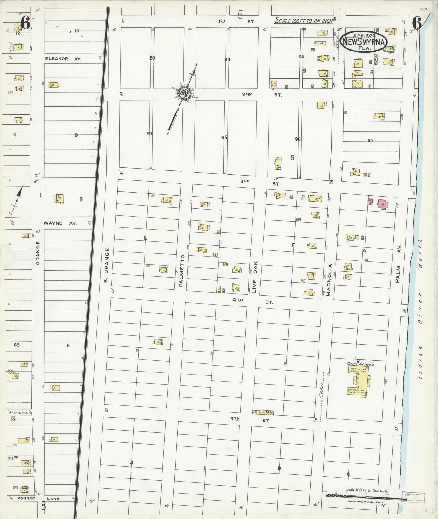 Sanborn Fire Insurance Map from New Smyrna, Valusia County, Florida (1924), Sheet #0006 - Historic Sanborn Fire Insurance Map Print, vintage old map wall art, antique decor, genealogy gift, Florida Florida map