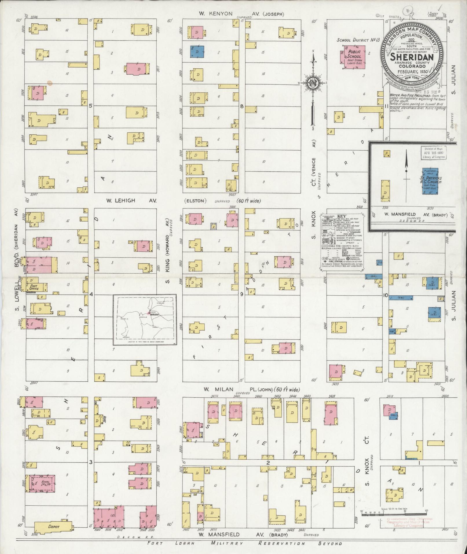 Sanborn Fire Insurance Map from Sheridan, Arapahoe County, Colorado (1930), Sheet #0001 - Historic Sanborn Fire Insurance Map Print, vintage old map wall art, antique decor, genealogy gift, Colorado Colorado map