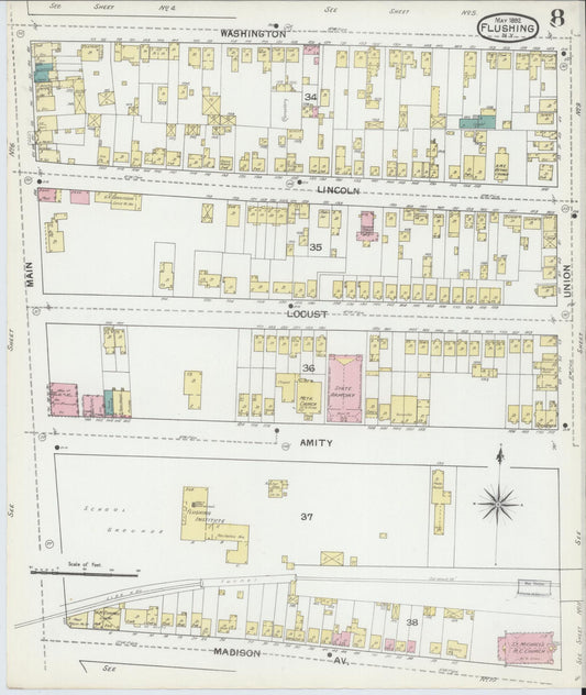 Sanborn Fire Insurance Map from Flushing, Queens County, New York (1892), Sheet #0008 - Historic Sanborn Fire Insurance Map Print, vintage old map wall art, antique decor, genealogy gift, New York New York map
