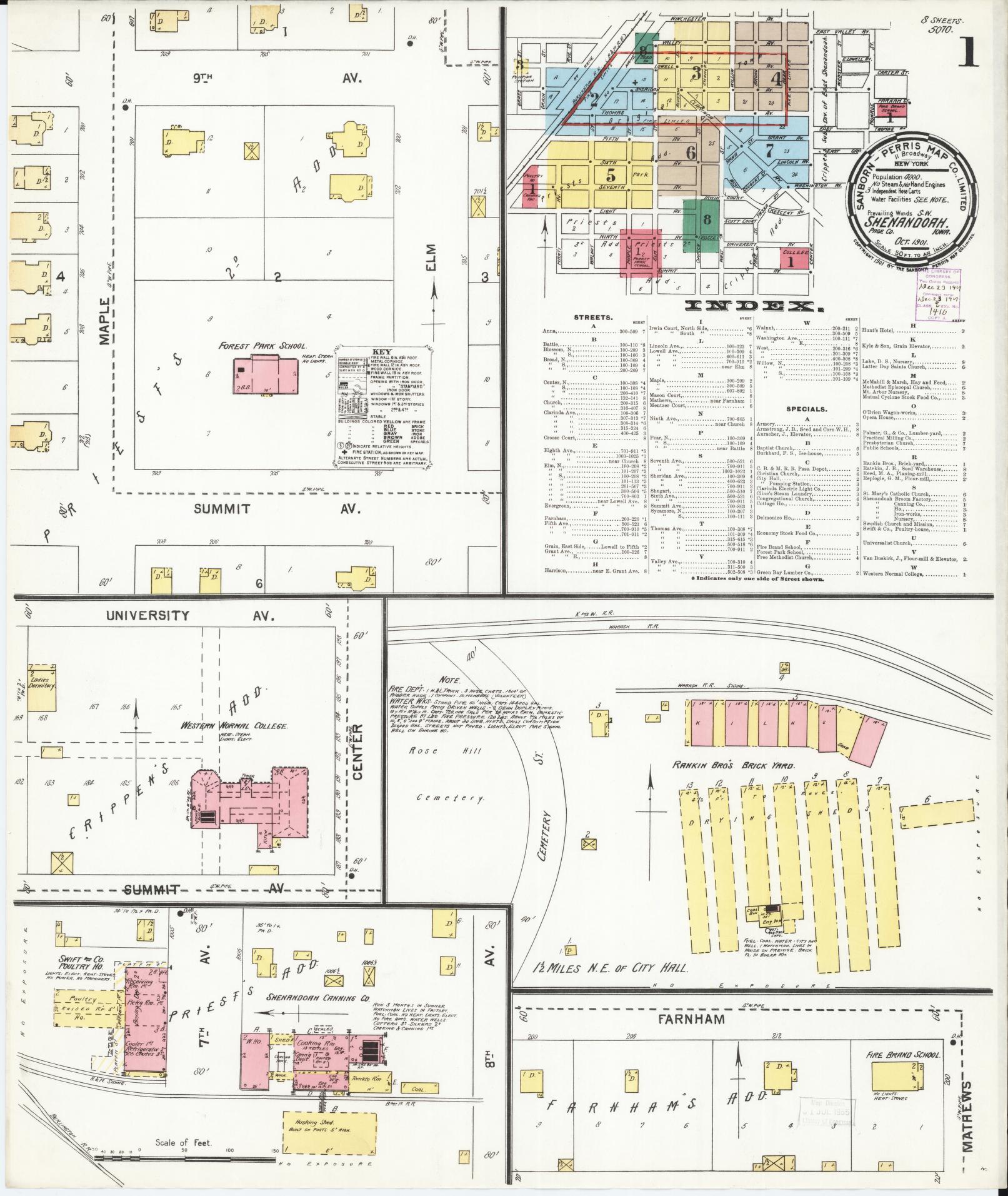 Sanborn Fire Insurance Map from Shenandoah, Page County, Iowa (1901), Sheet #0001 - Historic Sanborn Fire Insurance Map Print, vintage old map wall art