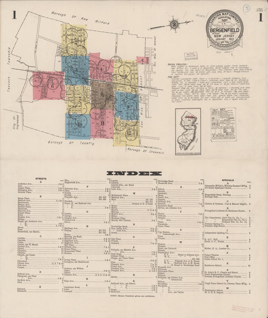 Sanborn Fire Insurance Map from Bergenfield, Bergen County, New Jersey (1923), Sheet #0001 - Historic Sanborn Fire Insurance Map Print, vintage old map wall art, antique decor, genealogy gift, New Jersey New Jersey map