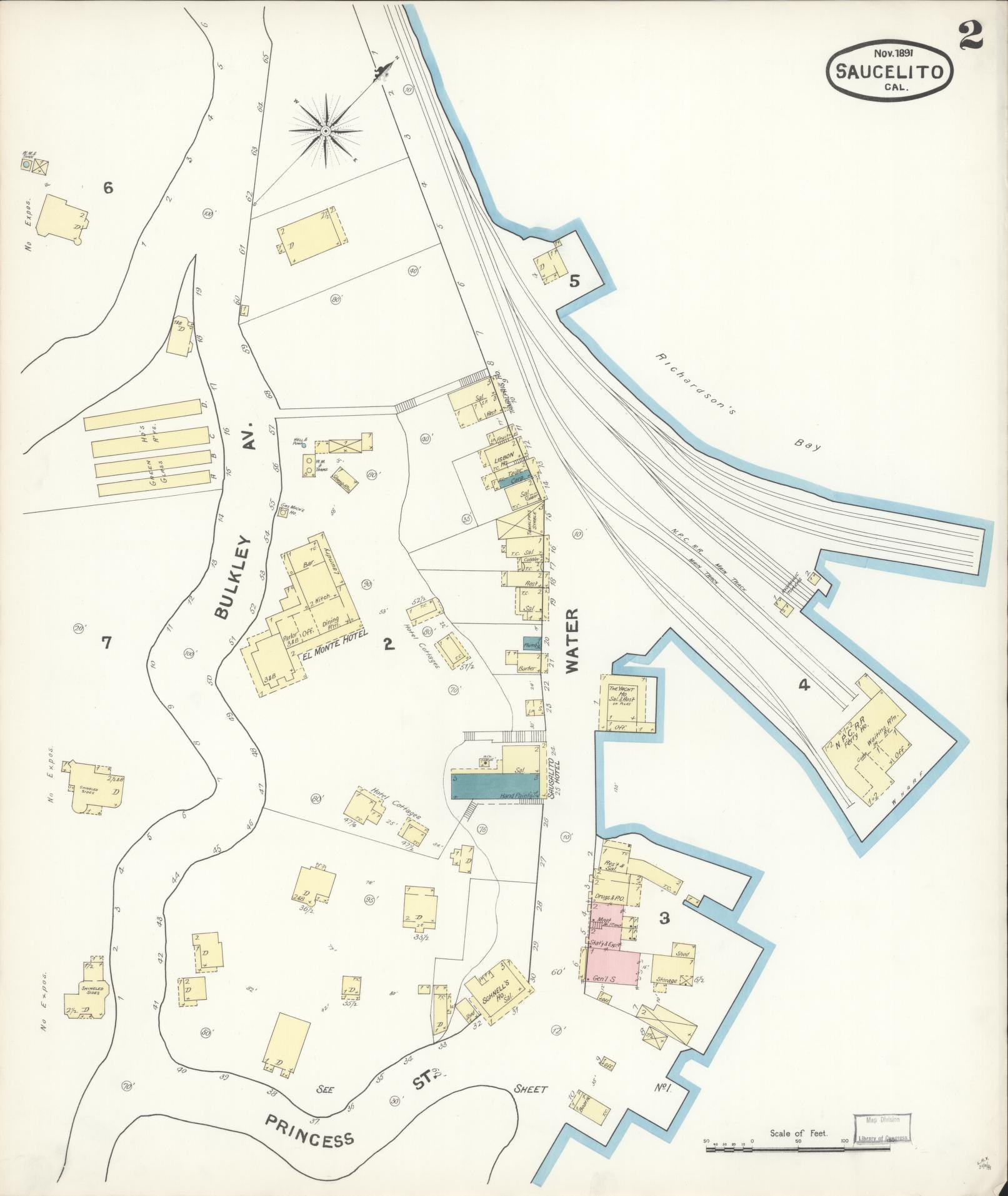Sanborn Fire Insurance Map from Sausalito, Marin County, California (1891), Sheet #0002 - Complete Map Set gallery image, historic Sanborn map, vintage wall art, California California