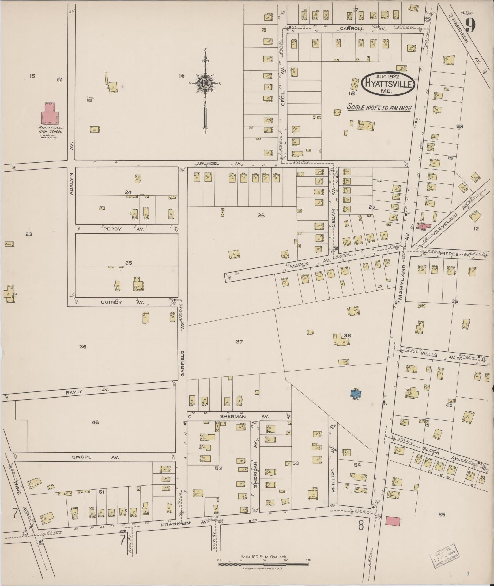 Sanborn Fire Insurance Map from Hyattsville, Prince Georges County, Maryland (1922), Sheet #0009 - Historic Sanborn Fire Insurance Map Print, vintage old map wall art, antique decor, genealogy gift, Maryland Maryland map