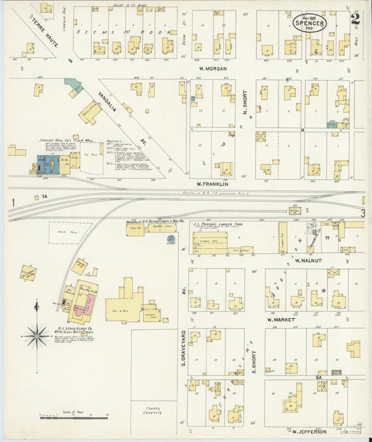 Sanborn Fire Insurance Map from Spencer, Owen County, Indiana (1907), Sheet #0002 - Historic Sanborn Fire Insurance Map Print, vintage old map wall art, antique decor, genealogy gift, Indiana Indiana map