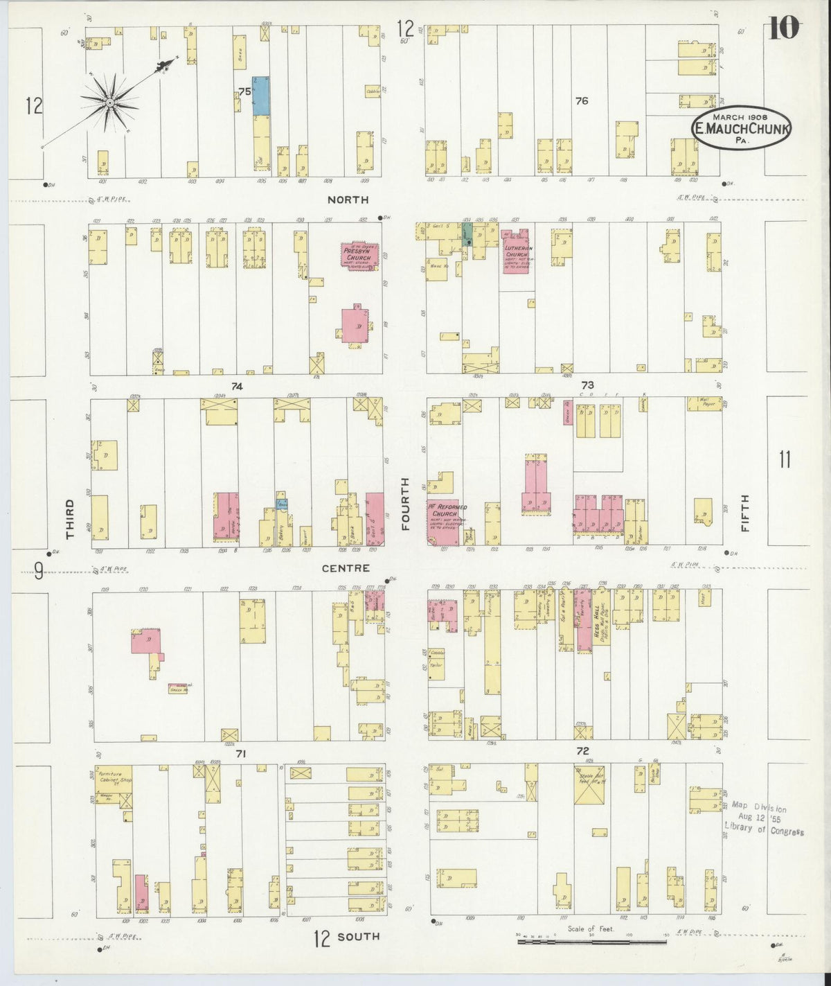 Sanborn Fire Insurance Map from Mauch Chunk, Carbon County, Pennsylvania (1908), Sheet #0010 - Historic Sanborn Fire Insurance Map Print, vintage old map wall art, antique decor, genealogy gift, Pennsylvania Pennsylvania map