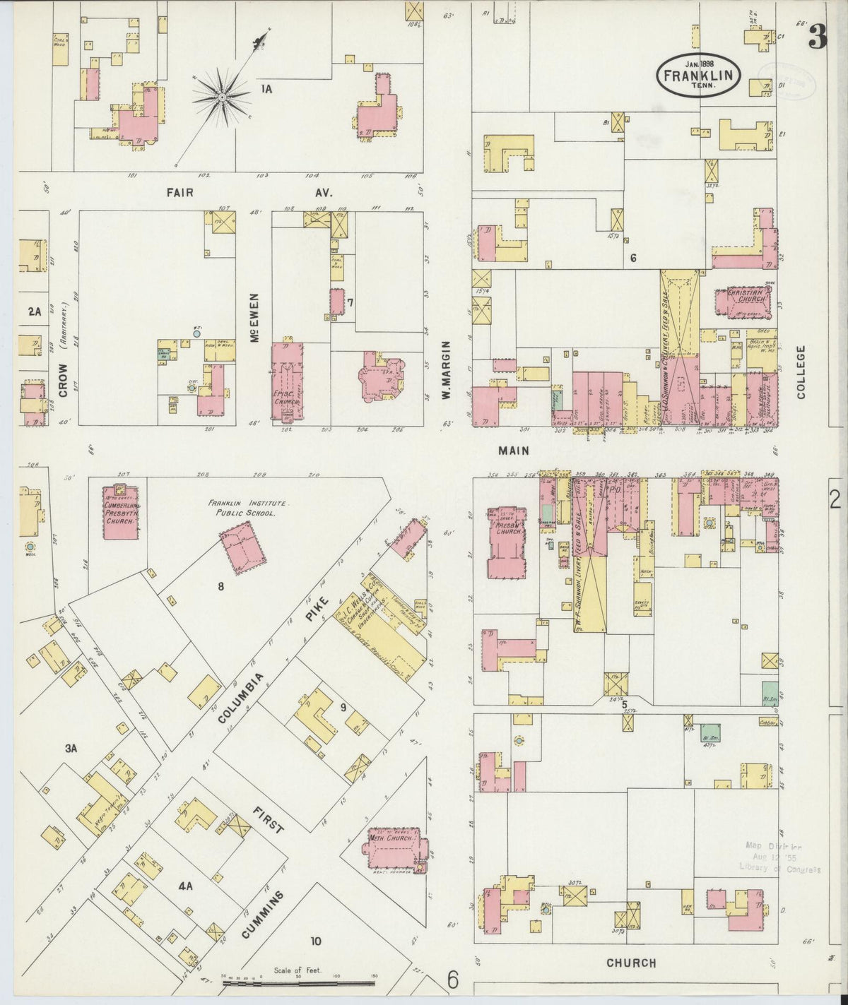 Sanborn Fire Insurance Map from Franklin, Williamson County, Tennessee (1898), Sheet #0003 - Historic Sanborn Fire Insurance Map Print, vintage old map wall art, antique decor, genealogy gift, Tennessee Tennessee map