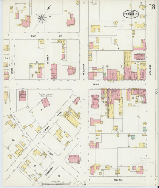 Sanborn Fire Insurance Map from Franklin, Williamson County, Tennessee (1898), Sheet #0003 - Historic Sanborn Fire Insurance Map Print, vintage old map wall art, antique decor, genealogy gift, Tennessee Tennessee map