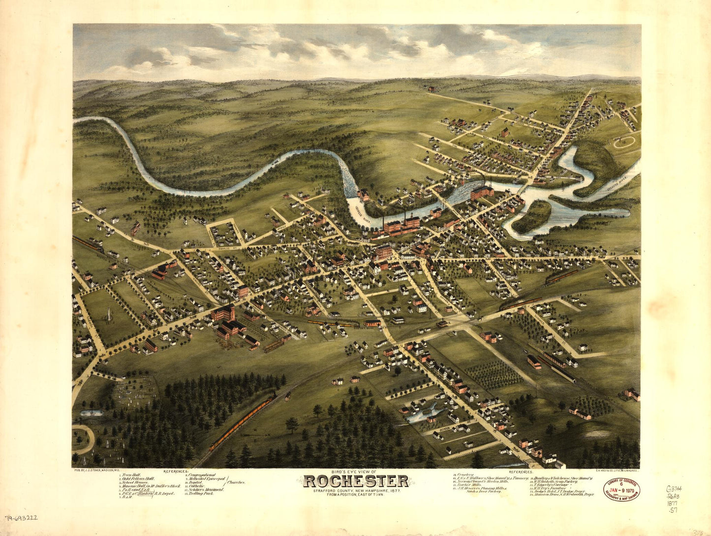 Bird's eye view of Rochester, Strafford County, New Hampshire, 1877 : from a position, east of town (1877) – Historic Bird’s-Eye View Panorama Print