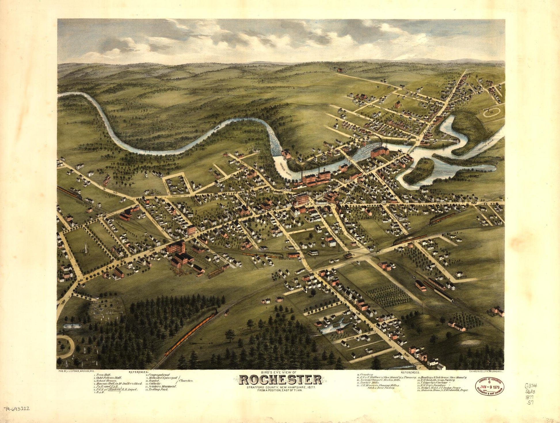 Bird's eye view of Rochester, Strafford County, New Hampshire, 1877 : from a position, east of town (1877) – Historic Bird’s-Eye View Panorama Print