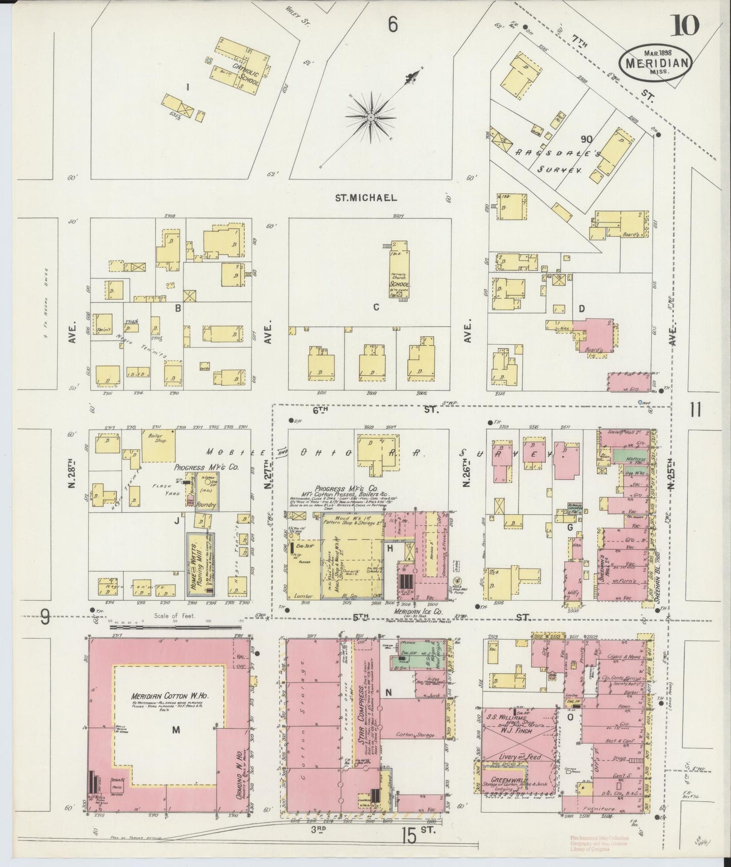 Sanborn Fire Insurance Map from Meridian, Lauderdale County, Mississippi (1898), Sheet #0010 - Historic Sanborn Fire Insurance Map Print, vintage old map wall art, antique decor, genealogy gift, Mississippi Mississippi map