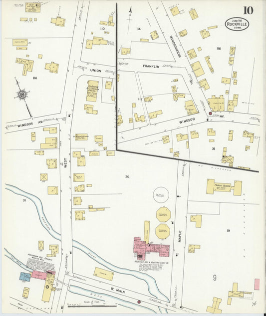 Sanborn Fire Insurance Map from Rockville, Tolland County, Connecticut (1911), Sheet #0010 - Historic Sanborn Fire Insurance Map Print, vintage old map wall art, antique decor, genealogy gift, Connecticut Connecticut map