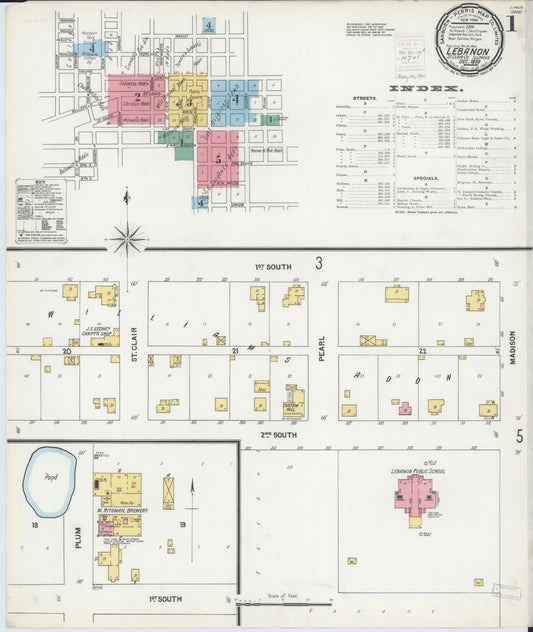 Sanborn Fire Insurance Map from Lebanon, Saint Clair County, Illinois (1899), Sheet #0001 - Complete Map Set gallery image, historic Sanborn map, vintage wall art, Illinois Illinois