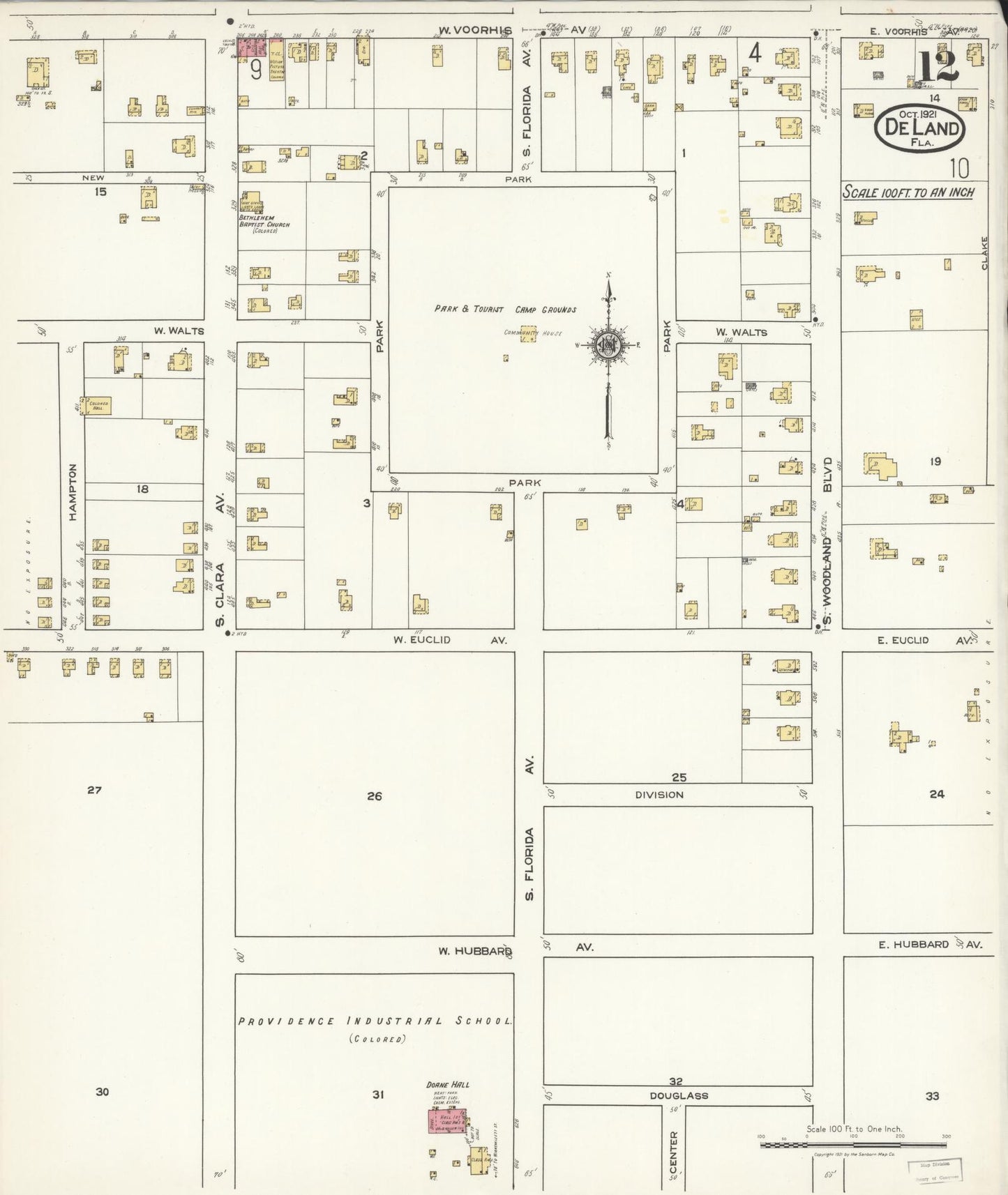 Sanborn Fire Insurance Map from De Land, Volusia County, Florida (1921), Sheet #0012 - Complete Map Set gallery image, historic Sanborn map, vintage wall art, Florida Florida