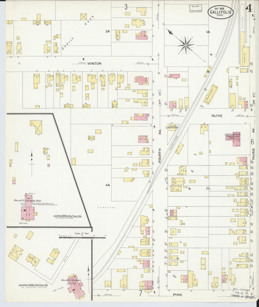 Sanborn Fire Insurance Map from Gallipolis, Gallia County, Ohio (1908), Sheet #0004 - Historic Sanborn Fire Insurance Map Print, vintage old map wall art, antique decor, genealogy gift, Ohio Ohio map