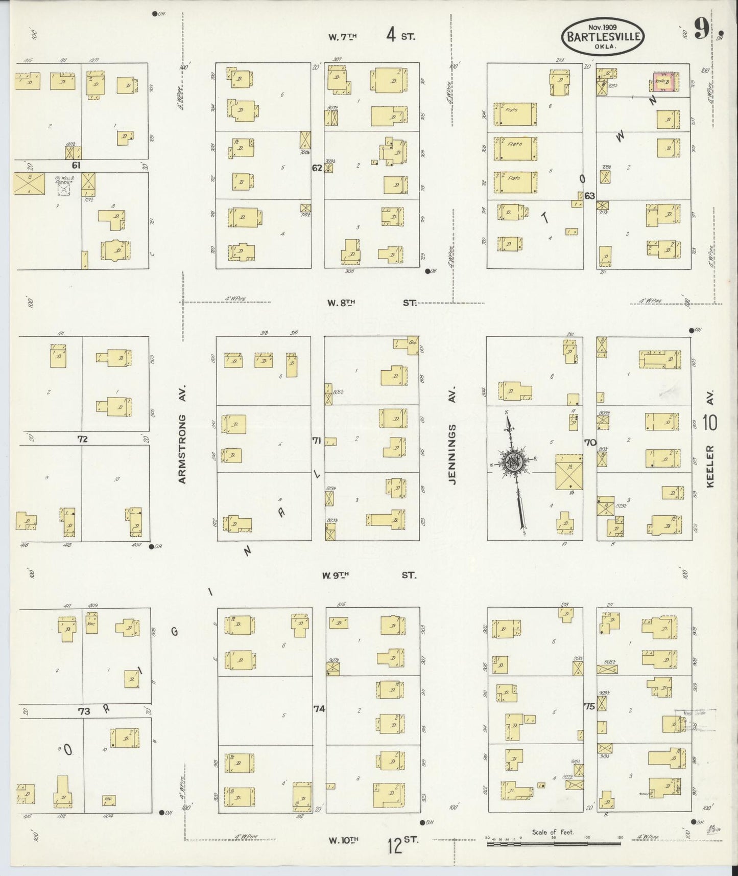Sanborn Fire Insurance Map from Bartlesville, Washington County, Oklahoma (1909), Sheet #0009 - Historic Sanborn Fire Insurance Map Print, vintage old map wall art, antique decor, genealogy gift, Oklahoma Oklahoma map