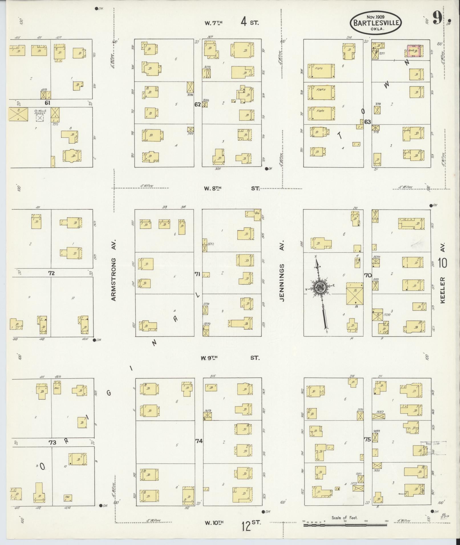Sanborn Fire Insurance Map from Bartlesville, Washington County, Oklahoma (1909), Sheet #0009 - Historic Sanborn Fire Insurance Map Print, vintage old map wall art, antique decor, genealogy gift, Oklahoma Oklahoma map