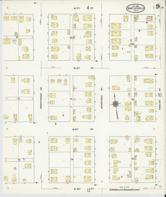 Sanborn Fire Insurance Map from Bartlesville, Washington County, Oklahoma (1909), Sheet #0009 - Historic Sanborn Fire Insurance Map Print, vintage old map wall art, antique decor, genealogy gift, Oklahoma Oklahoma map
