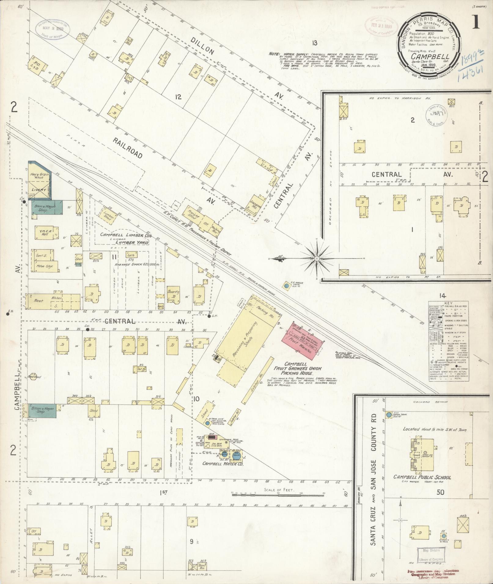 Sanborn Fire Insurance Map from Campbell, Santa Clara County, California (1899), Sheet #0001 - Complete Map Set gallery image, historic Sanborn map, vintage wall art, California California