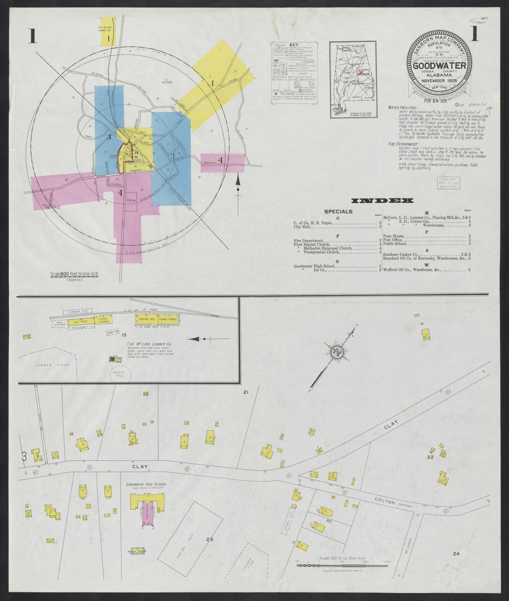 Sanborn Fire Insurance Map from Goodwater, Coosa County, Alabama (1928), Sheet #0001 - Complete Map Set gallery image, historic Sanborn map, vintage wall art, Alabama Alabama