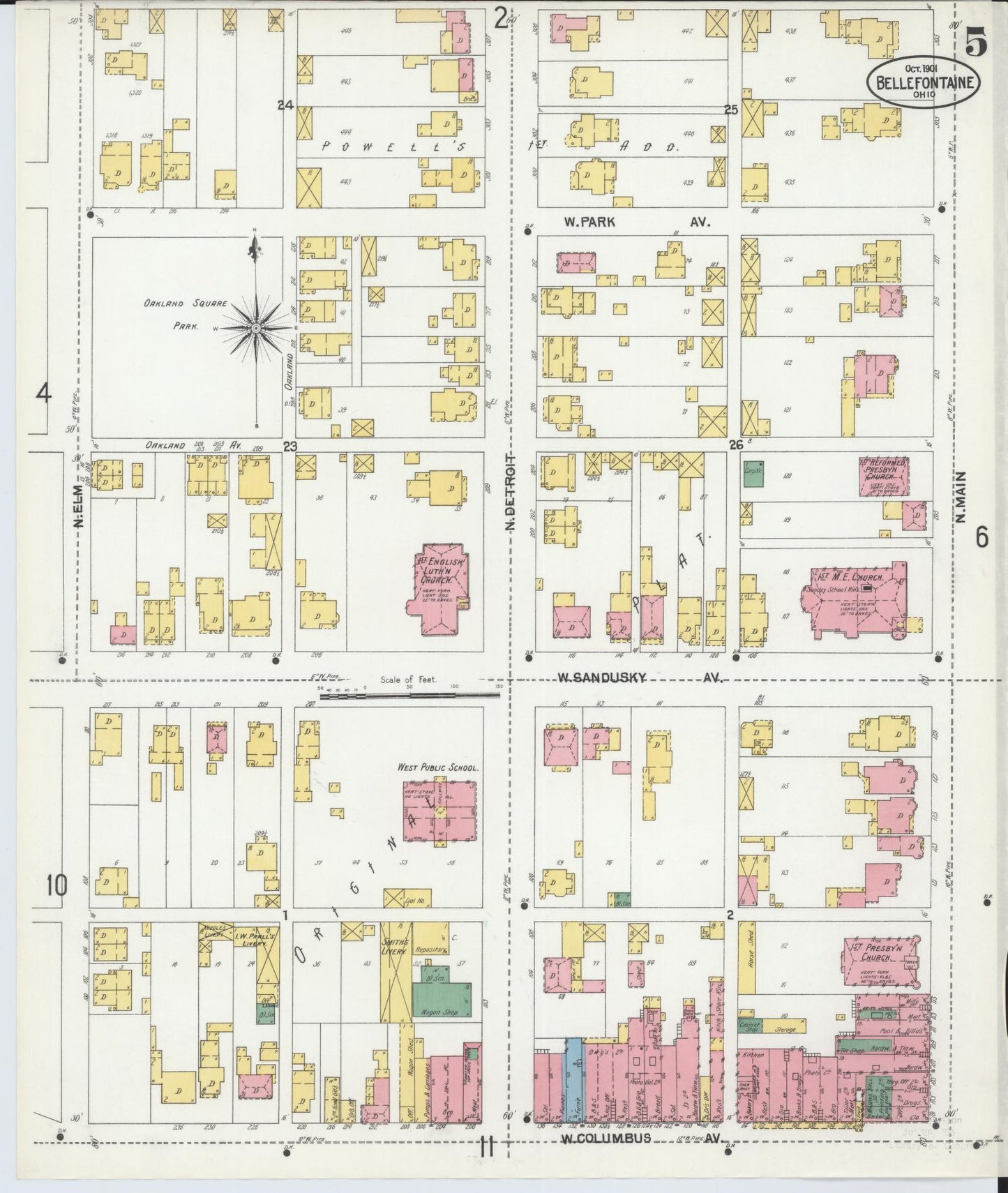 Sanborn Fire Insurance Map from Bellefontaine, Logan County, Ohio (1901), Sheet #0005 - Historic Sanborn Fire Insurance Map Print, vintage old map wall art, antique decor, genealogy gift, Ohio Ohio map