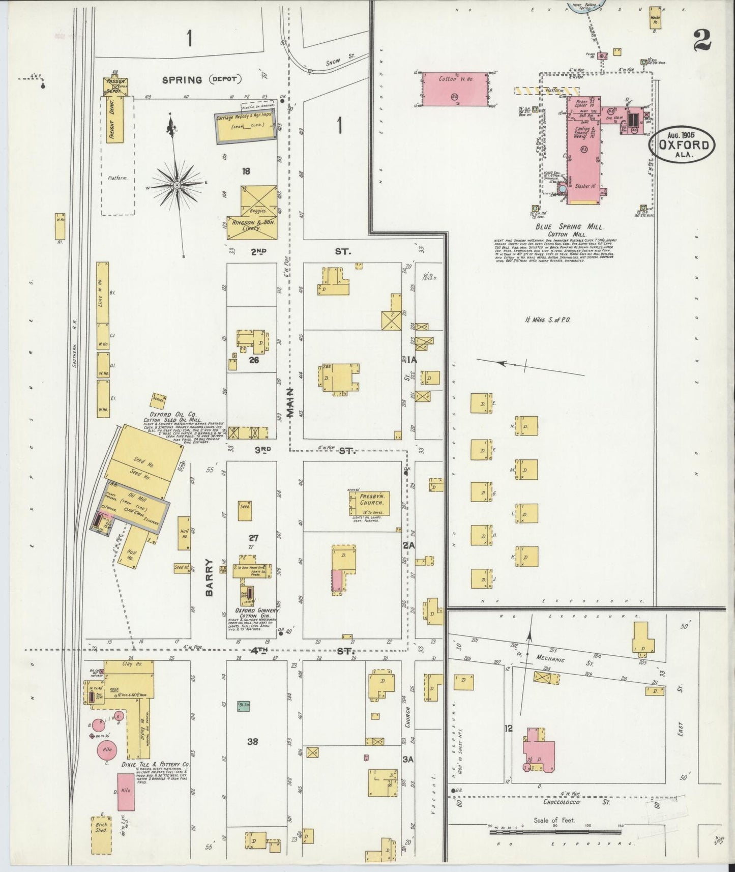 Sanborn Fire Insurance Map from Oxford, Calhoun County, Alabama (1905), Sheet #0002 - Historic Sanborn Fire Insurance Map Print, vintage old map wall art, antique decor, genealogy gift, Alabama Alabama map