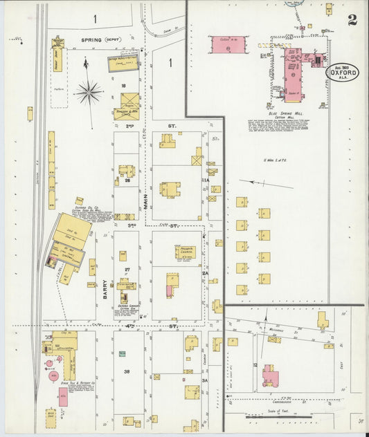 Sanborn Fire Insurance Map from Oxford, Calhoun County, Alabama (1905), Sheet #0002 - Historic Sanborn Fire Insurance Map Print, vintage old map wall art, antique decor, genealogy gift, Alabama Alabama map