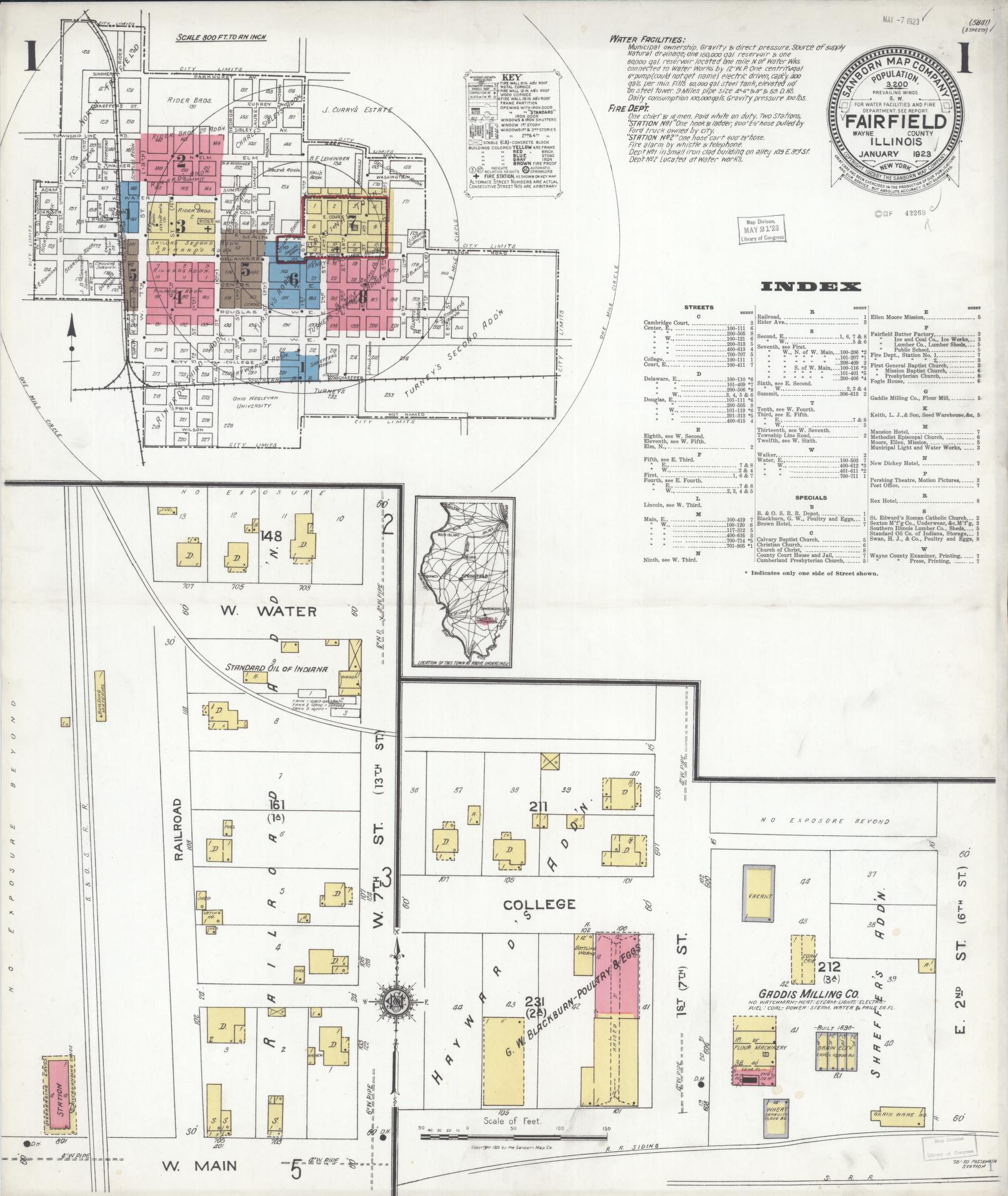 Sanborn Fire Insurance Map from Fairfield, Wayne County, Illinois (1923), Sheet #0001 - Historic Sanborn Fire Insurance Map Print, vintage old map wall art, antique decor, genealogy gift, Illinois Illinois map