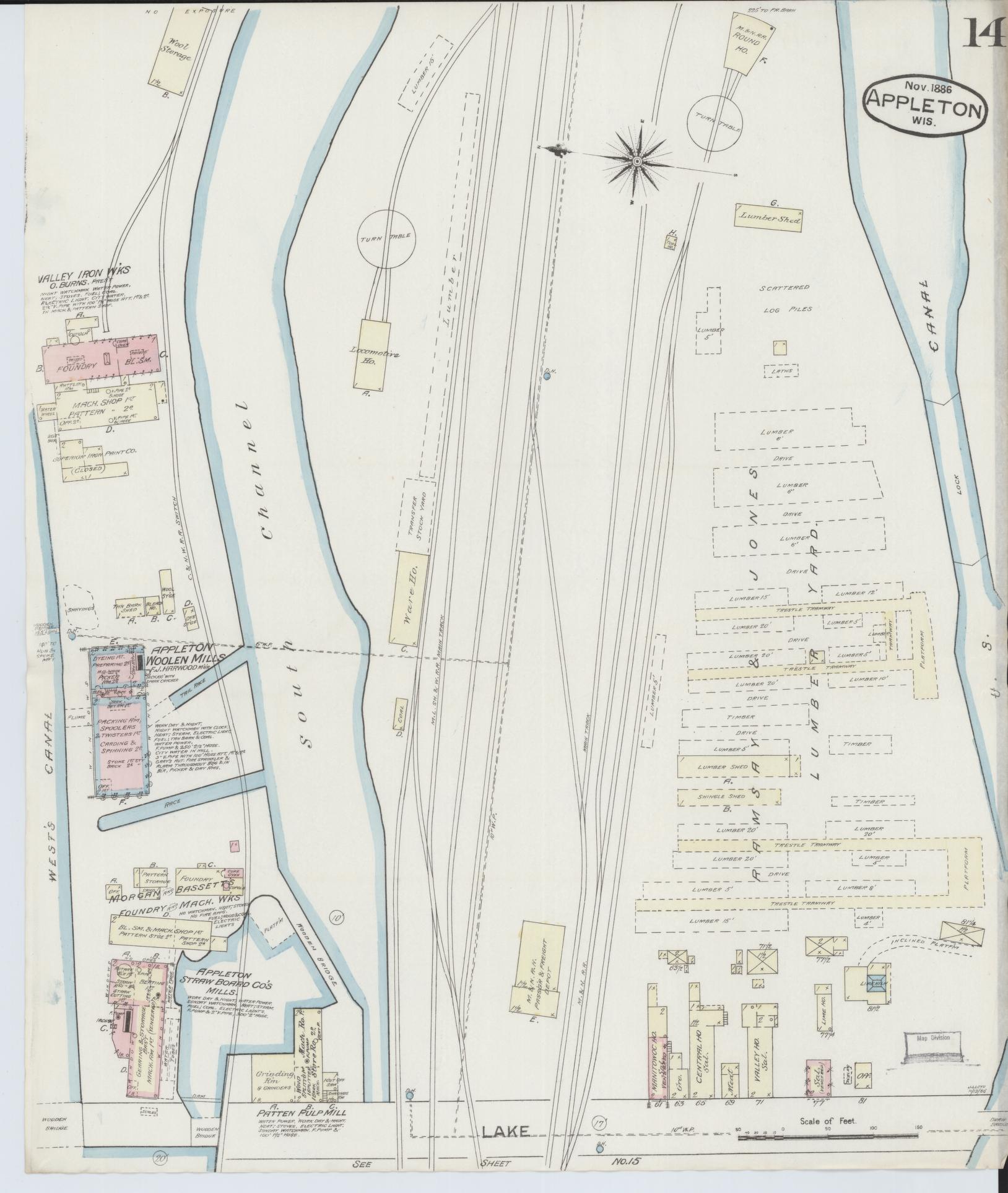 Sanborn Fire Insurance Map from Appleton, Outagamie County, Wisconsin (1886), Sheet #0014 - Complete Map Set gallery image, historic Sanborn map, vintage wall art, Wisconsin Wisconsin