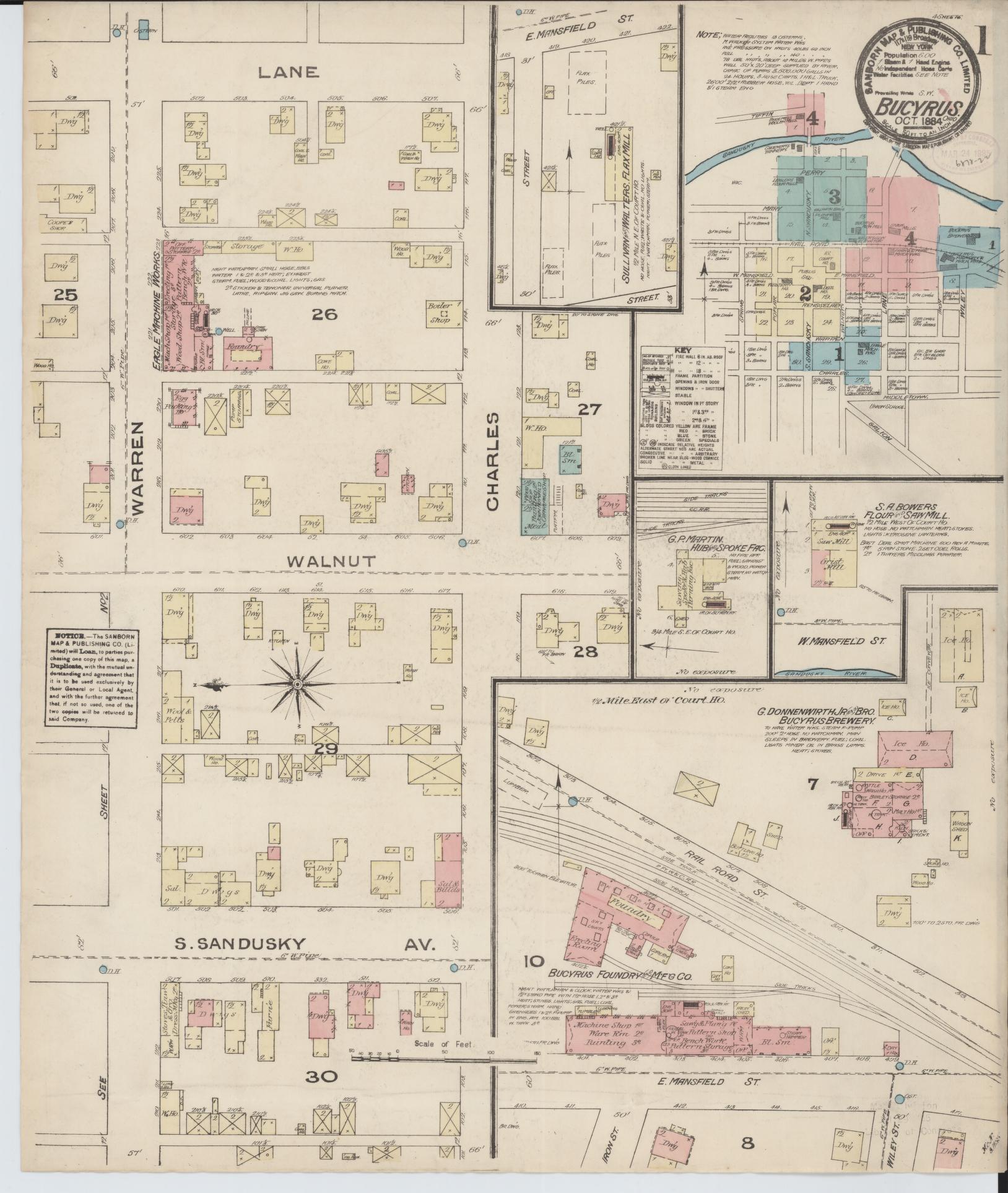 Sanborn Fire Insurance Map from Bucyrus, Crawford County, Ohio (1884), Sheet #0001 - Historic Sanborn Fire Insurance Map Print, vintage old map wall art, antique decor, genealogy gift, Ohio Ohio map