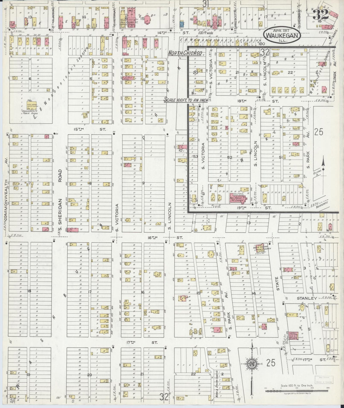 Sanborn Fire Insurance Map from Waukegan, Lake County, Illinois (1917), Sheet #0032 - Complete Map Set gallery image, historic Sanborn map, vintage wall art, Illinois Illinois