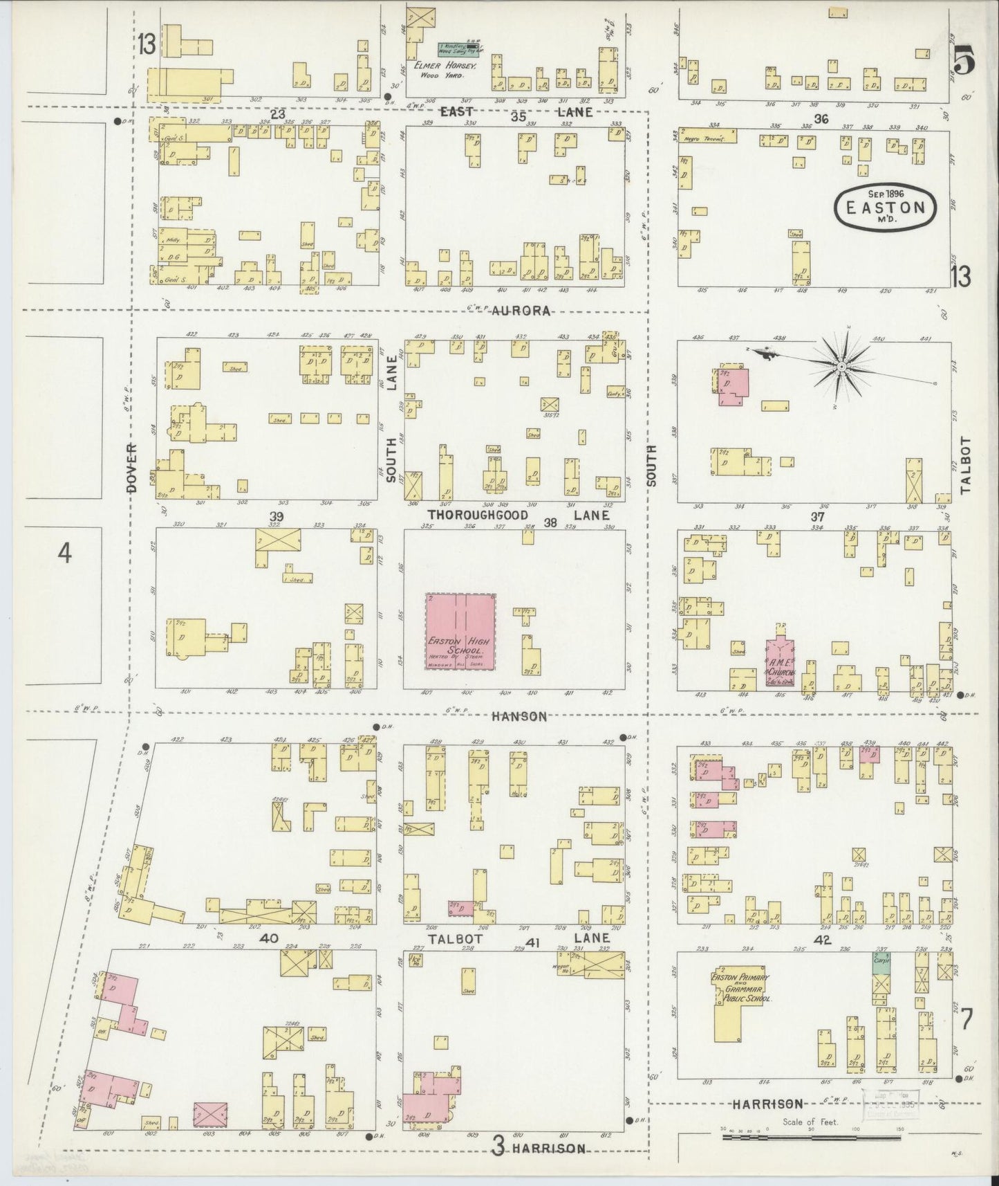 Sanborn Fire Insurance Map from Easton, Talbot County, Maryland (1896), Sheet #0005 - Historic Sanborn Fire Insurance Map Print, vintage old map wall art, antique decor, genealogy gift, Maryland Maryland map